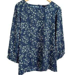 41 Hawthorne Blue Floral Print Blouse Women's Size‎ M Keyhole Back 3/4 Sleeve